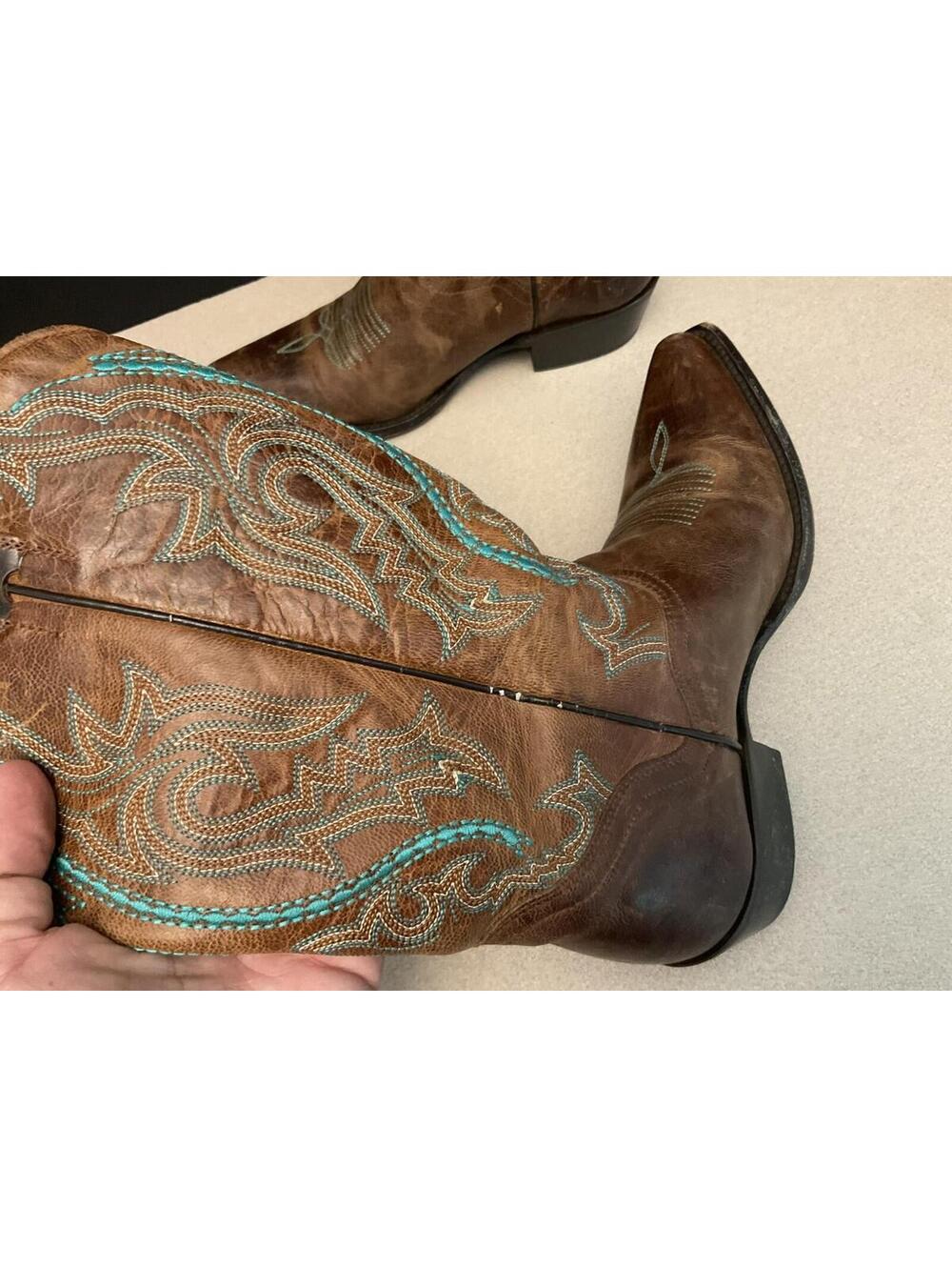 Womens JB Dillon Brown Leather Cowboy Boots W/ Turquoise Embroidery. Size 6B. - Picture 8 of 11